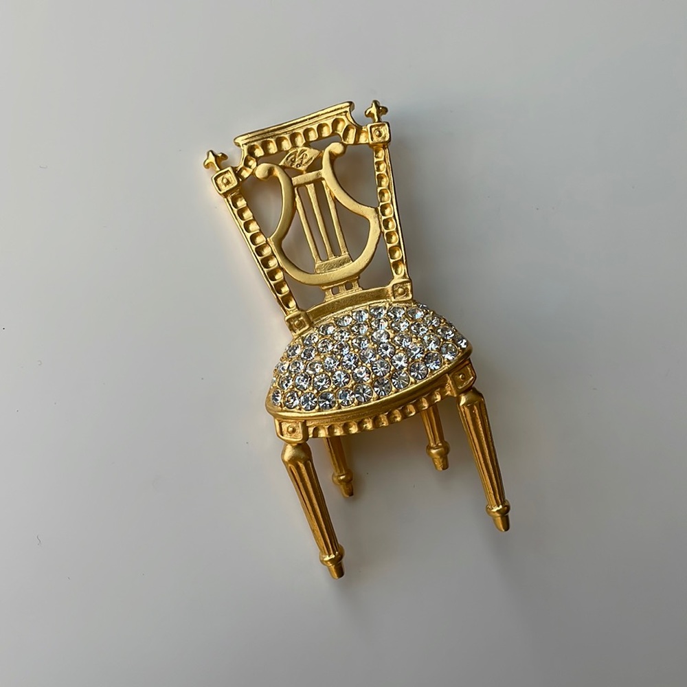 Karl Lagerfeld Paris Gold Plated Rhinestone French Style Chair Brooch Vintage